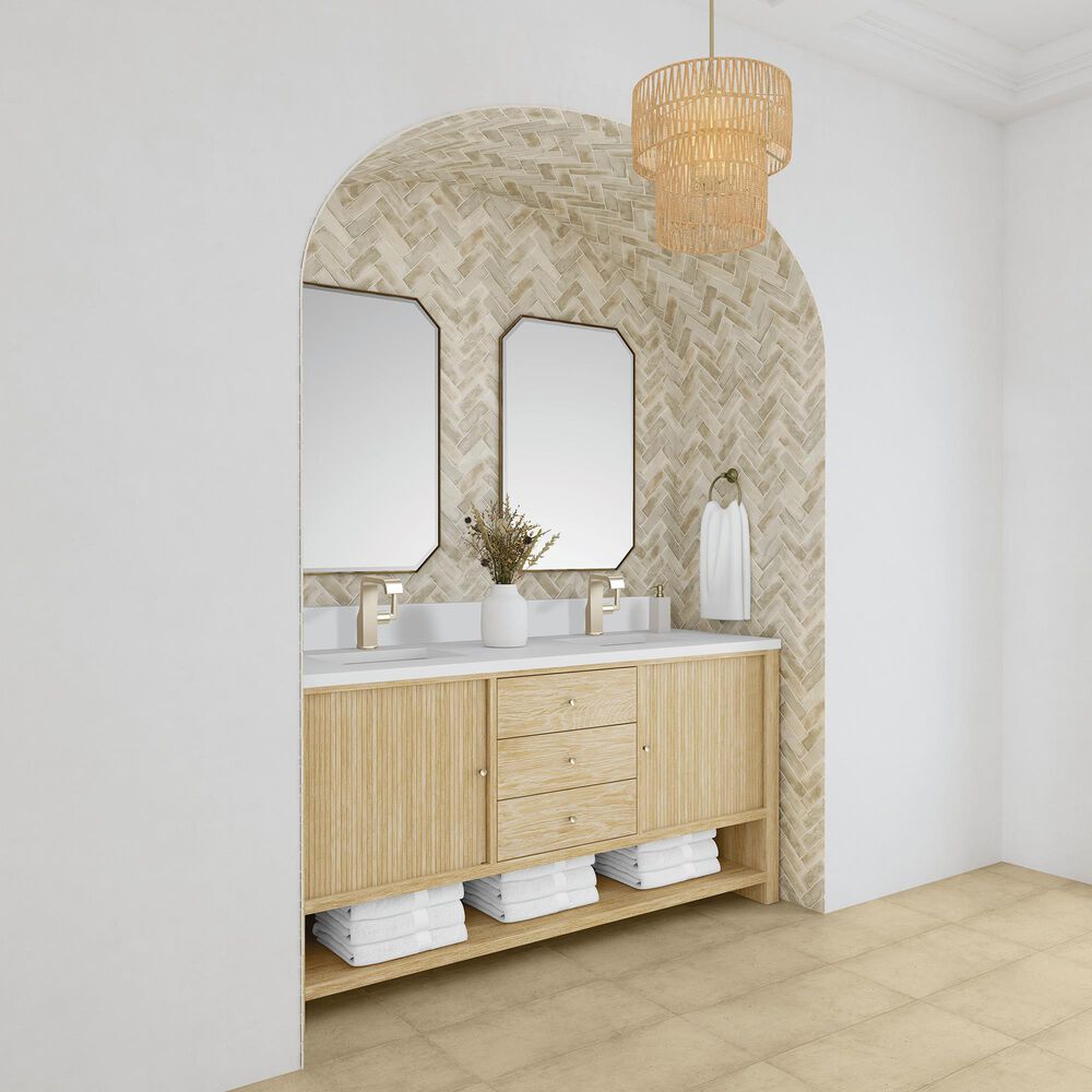 James Martin Vanities Marigot Single 72&quot; Double Vanity in Sun-washed Oak with Single Hole 3 cm White Zeus Quartz Top &amp; Backsplash, , large