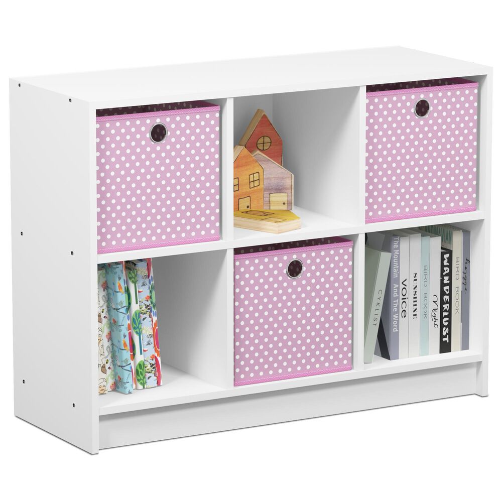 HOMLUX 6-Cube Bookshelf Bookcase with Light Pink Storage Bins in White, , large