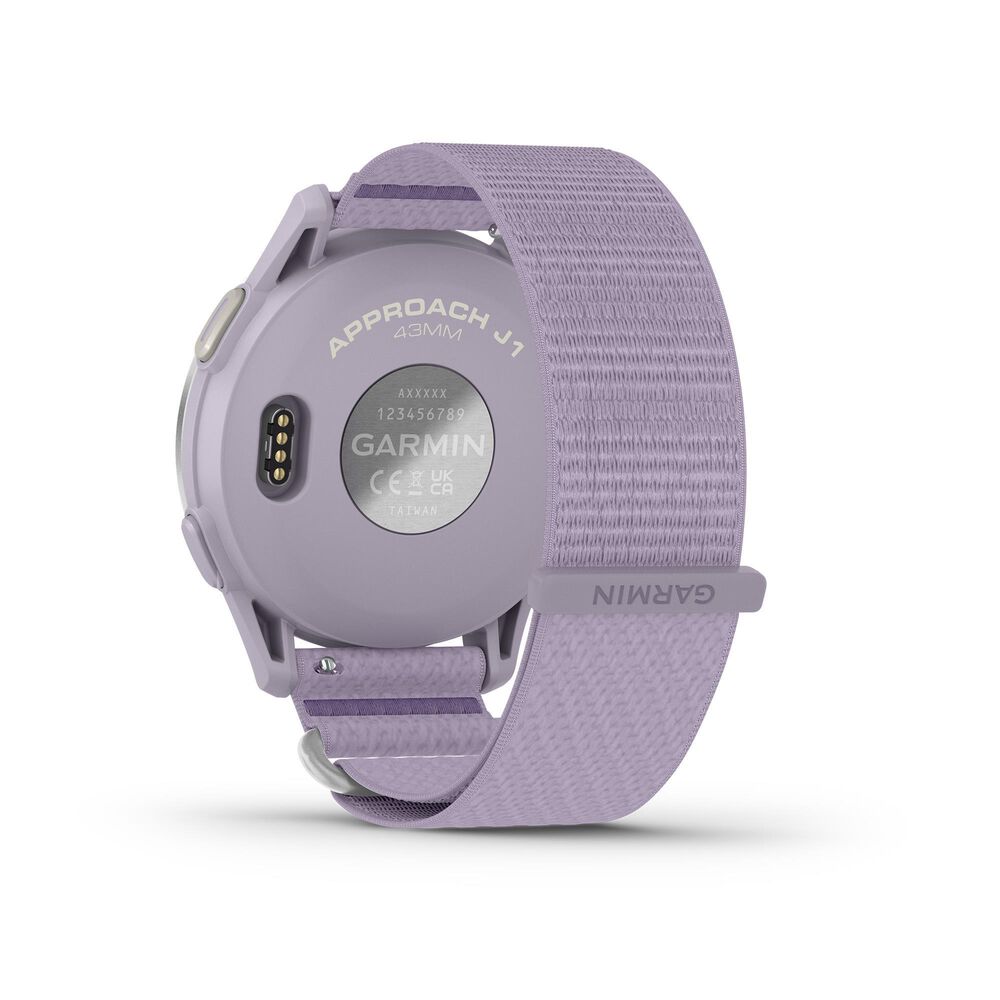 Garmin Approach J1 43mm Junior Golf GPS Smartwatch in Silver Aluminum Bezel with Lilac ComfortFit Fabric Band, , large