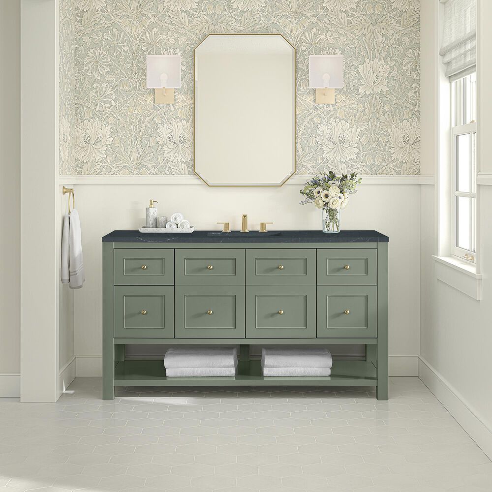 James Martin Vanities Breckenridge 60&quot; Single Bathroom Vanity in Smokey Celadon with 3 cm Charcoal Soapstone Quartz Top and Rectangular Sink, , large