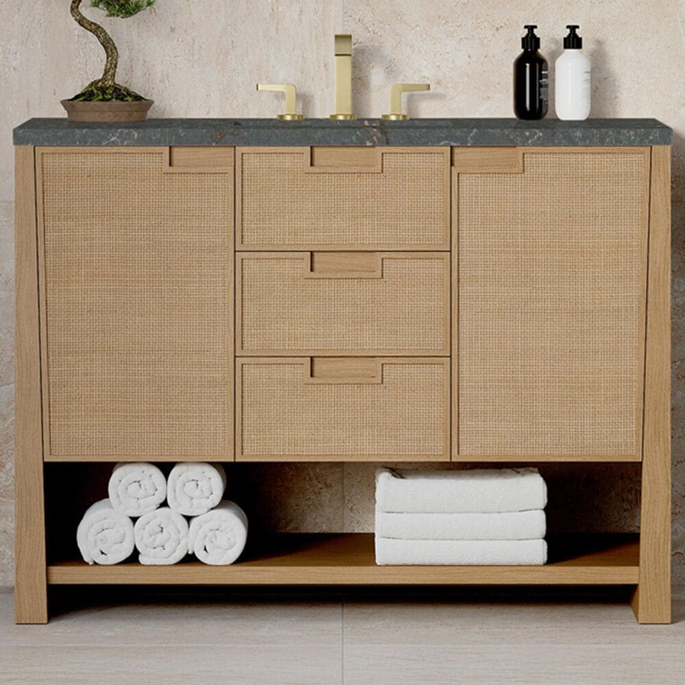 James Martin Vanities Solene 48" Single Bathroom Vanity in Seaside Oak with 3 cm Parisien Bleu Quartz Top, Rectangular Sink and FreePower Wireless Charger, , large