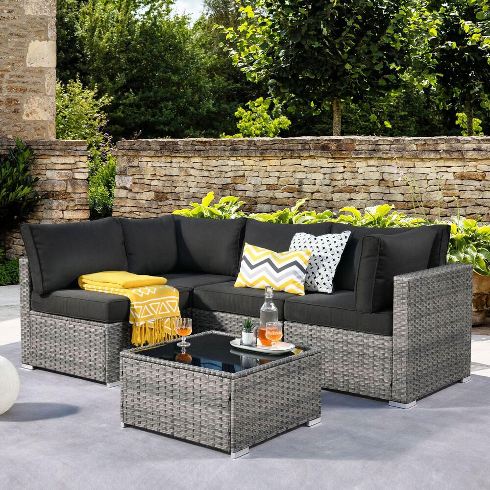 HOMLUX 5-Piece Patio Conversation Set with Grey Wicker in Black, , large