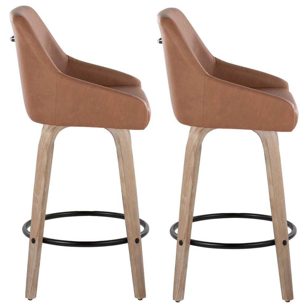 LumiSource Hannah Swivel Counter Stool with Camel Faux Leather Upholstery in Whitewashed and Black (Set of 2), , large
