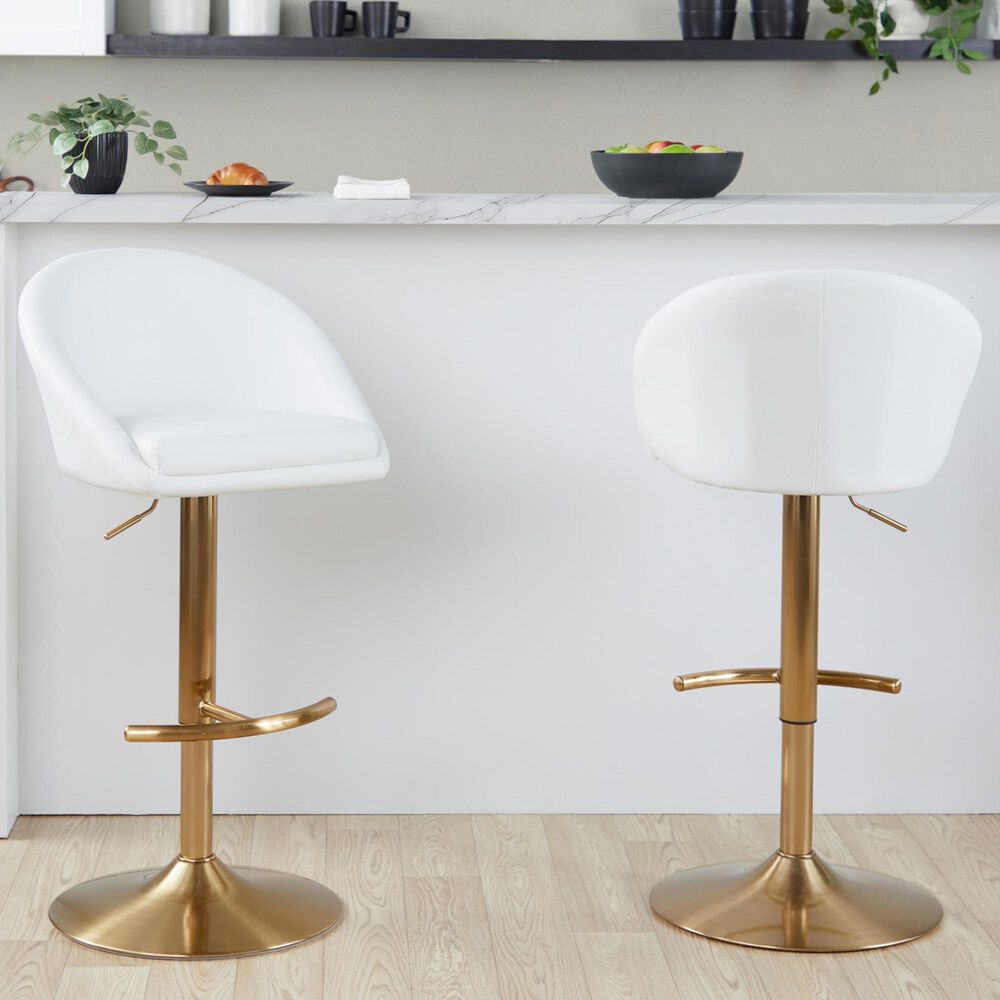 LumiSource Matisse Adjustable Swivel Barstool with White Faux Leather Upholstery in Gold (Set of 2), , large