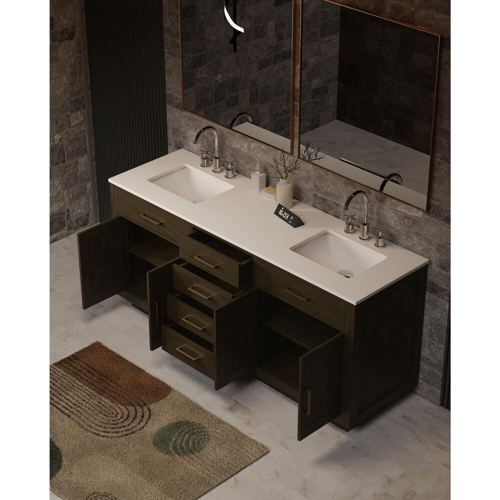 Lexora Home Abbey 72&quot; Double Bathroom Vanity in Brown Oak with 2 cm White Quartz Top and Rectangular Sinks, , large