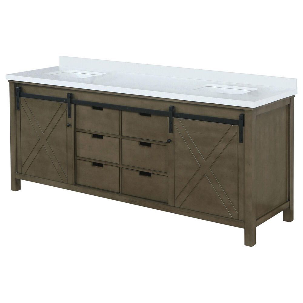 Lexora Home Marsyas 84" Double Bathroom Vanity in Rustic Brown with 2 cm White Cultured Marble Top and Rectangular Sinks, , large