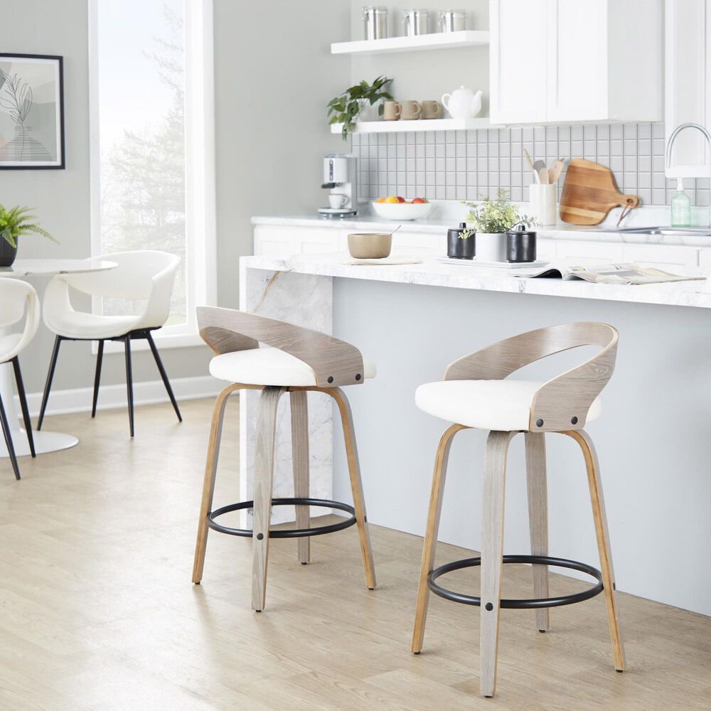 LumiSource Grotto 26" Swivel Counter Stool with White Faux Leather Upholstery in Light Grey and Black (Set of 2), , large