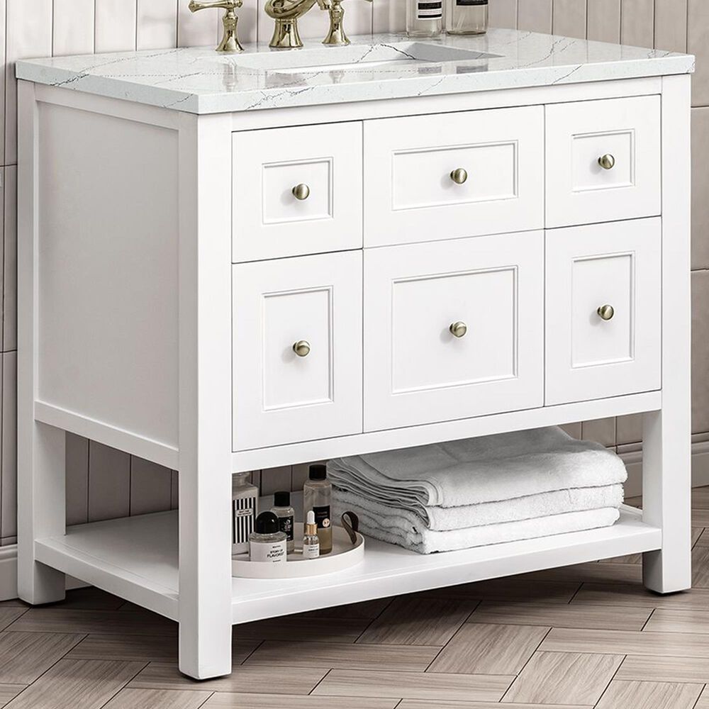James Martin Vanities Breckenridge 36&quot; Single Bathroom Vanity in Bright White with 3 cm Ethereal Noctis Quartz Top and Rectangular Sink, , large
