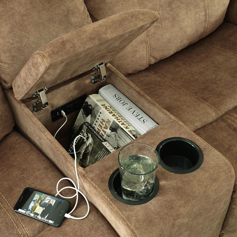 Signature Design by Ashley Huddle Double Reclining Loveseat with Console in Nutmeg, , large