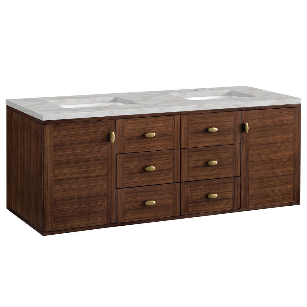 James Martin Vanities Amberly 60&quot; Double Bathroom Vanity in Mid-Century Walnut with 3 cm Victorian Silver Quartz Top and Rectangular Sinks, , large
