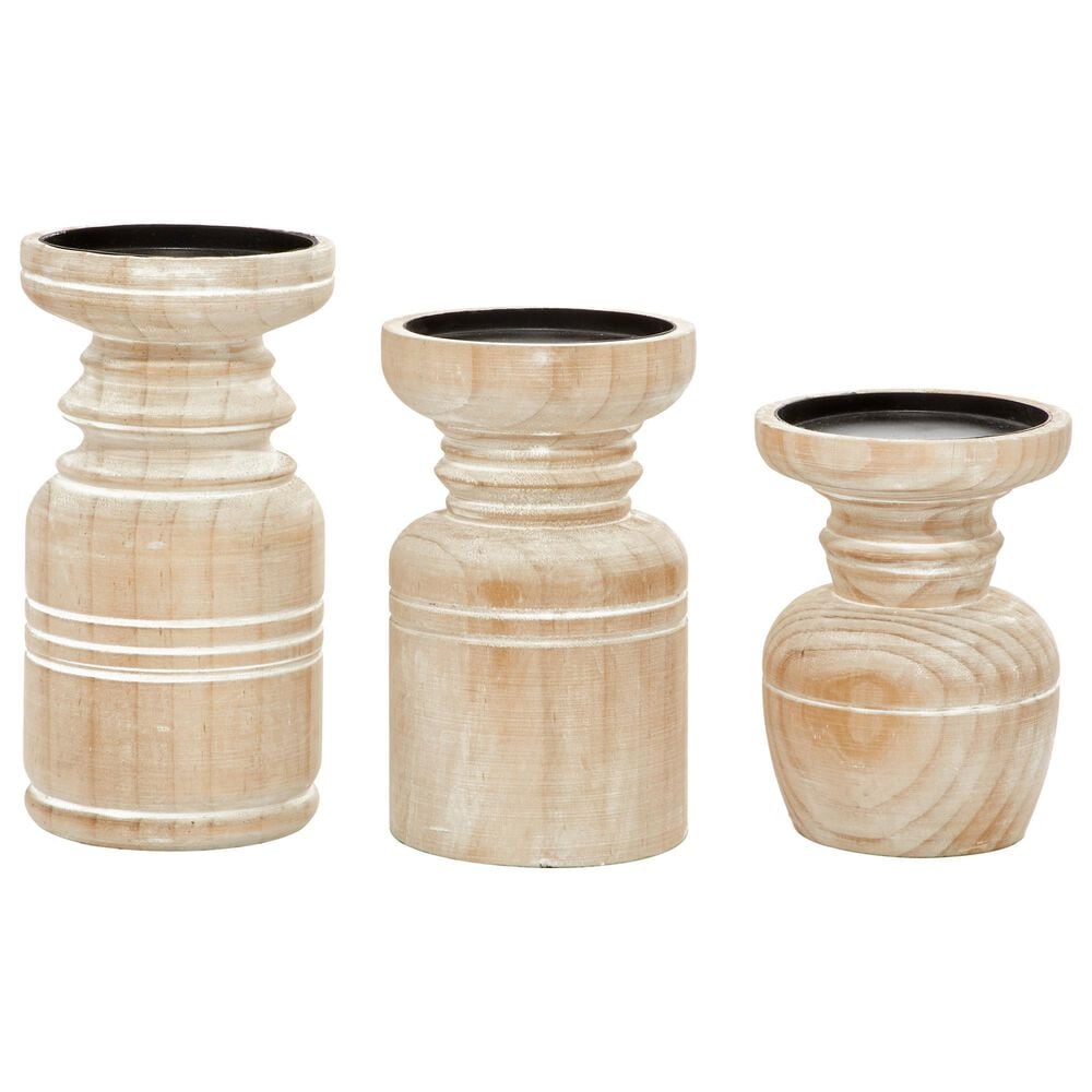 Maple and Jade Natural Wood Candle Holders in Brown and Whitewashed (Set of 3), , large