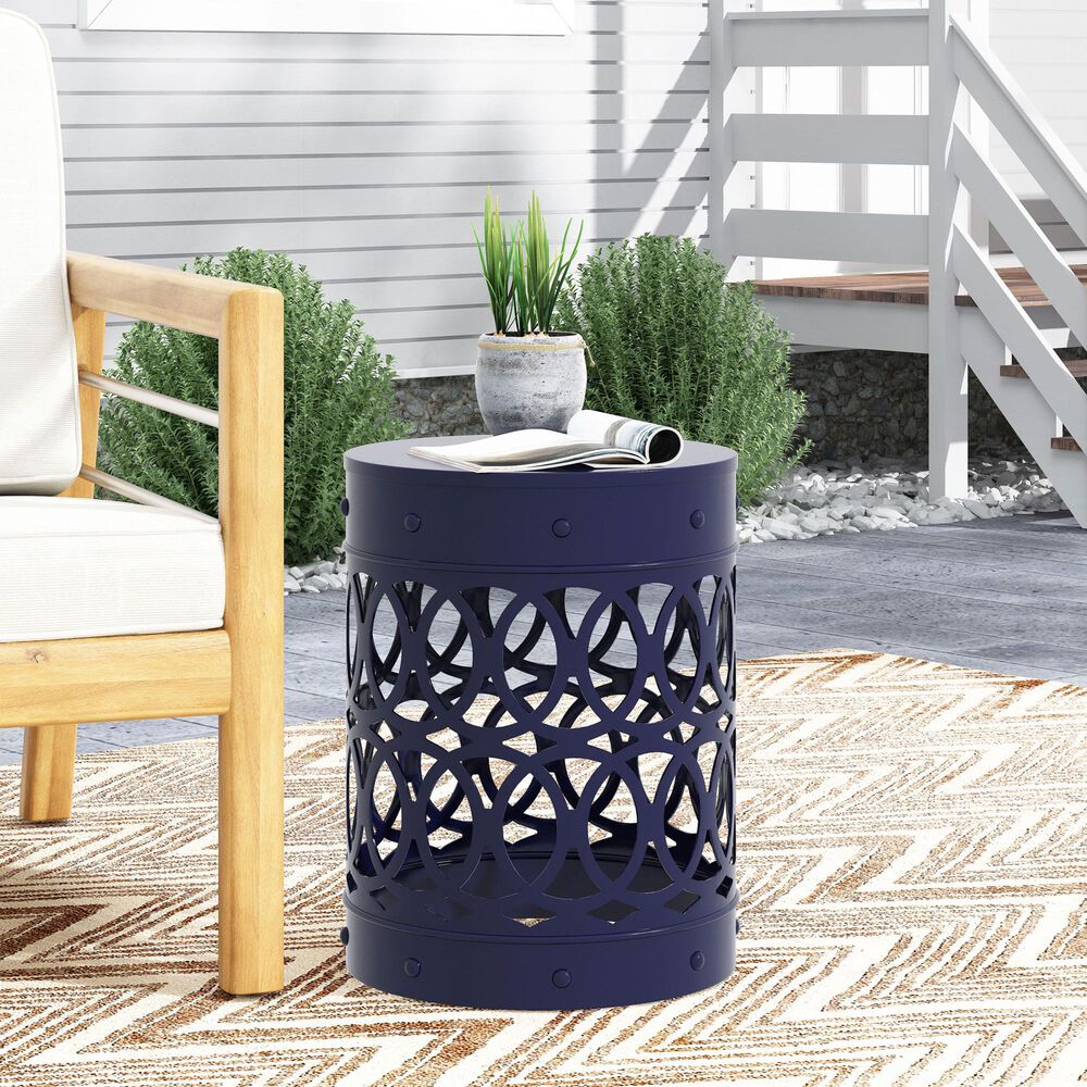 Hearth and Haven Large Cylindrical-Shaped Iron Patio End Table in Navy Blue, , large
