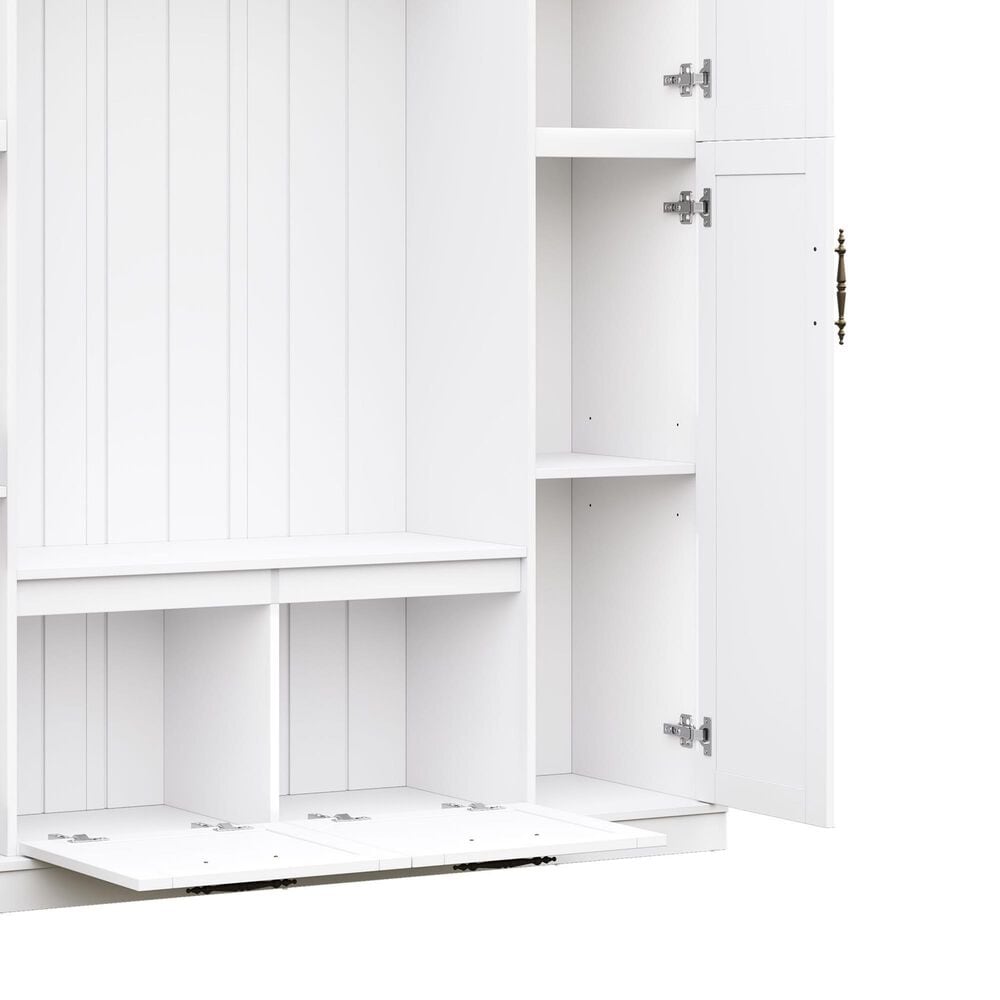 HOMLUX 5-Hook Hall Tree with 4 Side Cabinets and Storage Bench in White, , large