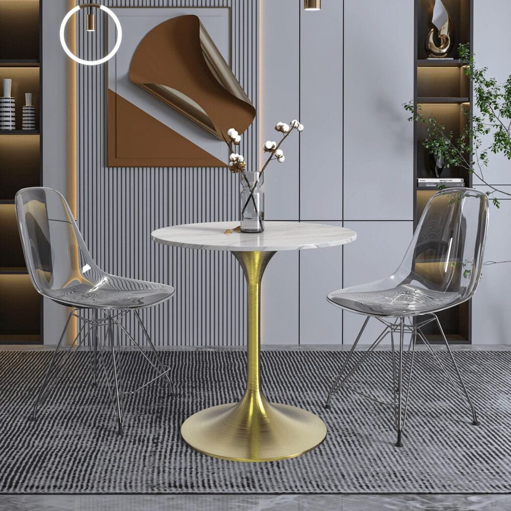 Leisuremod LeisureMod Verve Collection 27 Round Dining Table, Brushed Gold Base with Sintered Stone White Top, , large