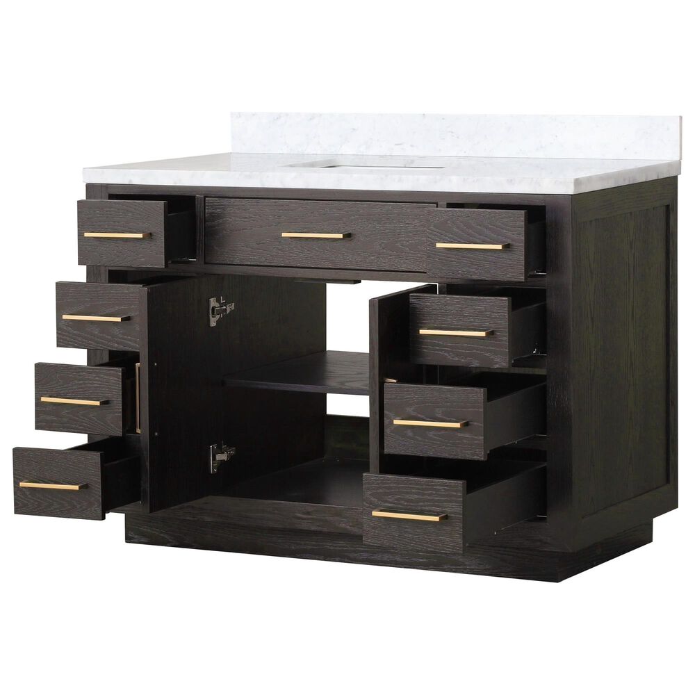 Lexora Home Abbey 48&quot; Single Bathroom Vanity in Brown Oak with 2 cm White Carrara Marble Top and Rectangular Sink, , large