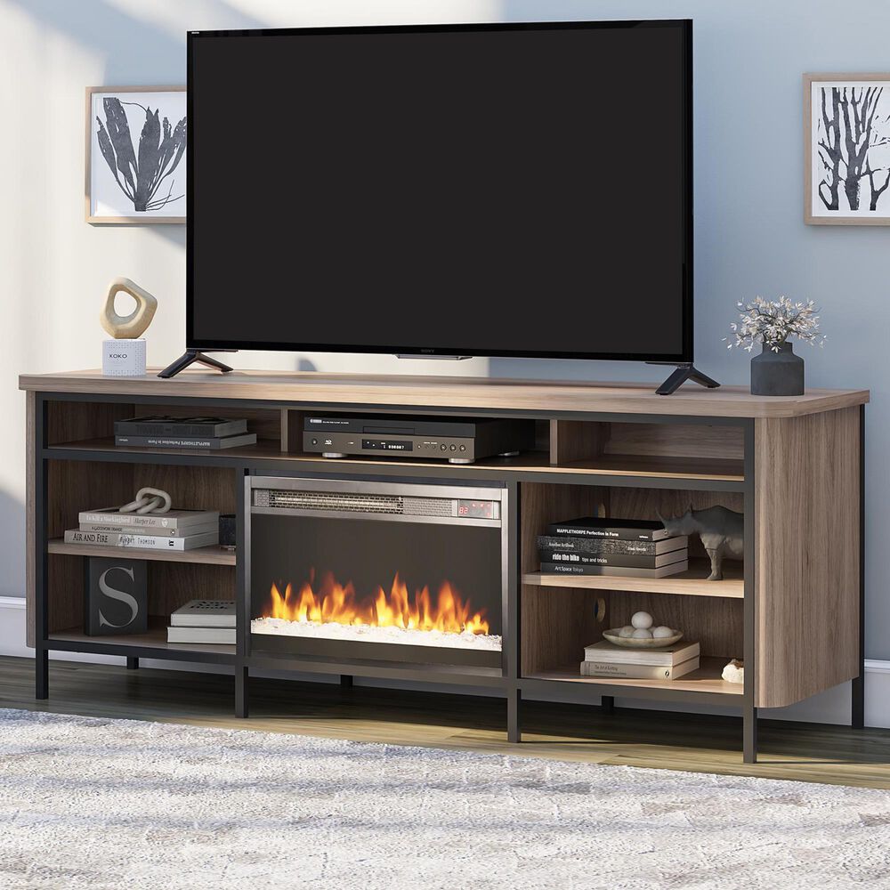 DHP Damson 67&quot; TV Stand with Electric Fireplace in Danish Walnut and Black, , large