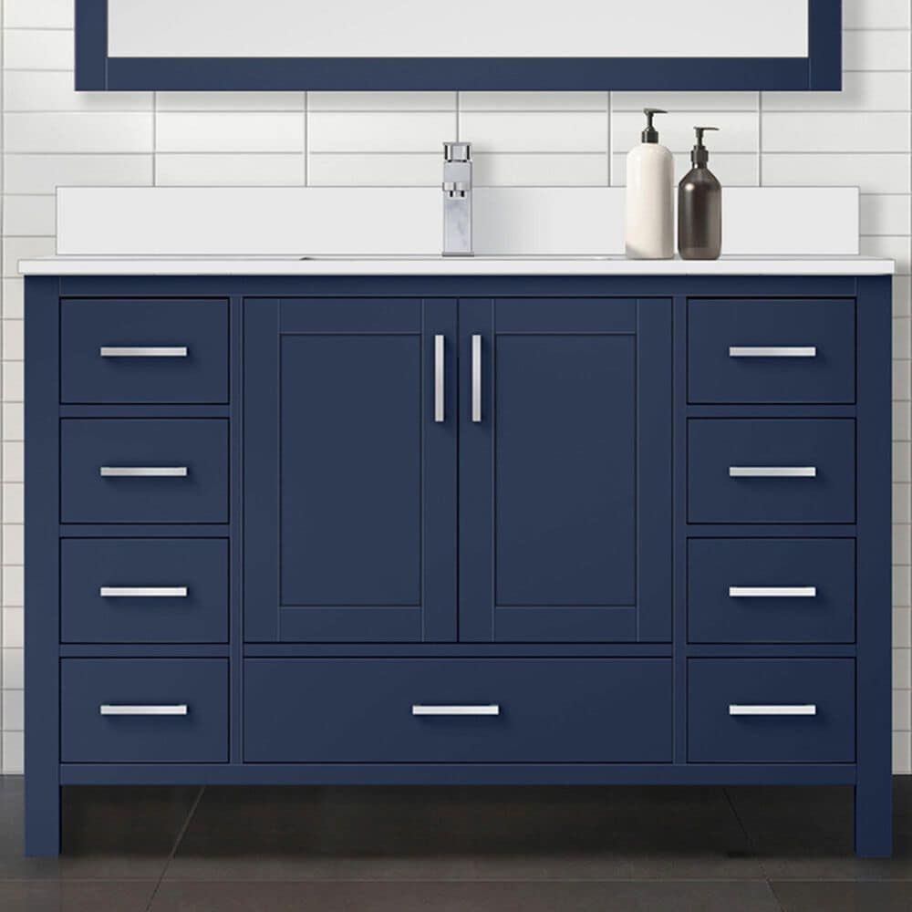 Lexora Home Jacques 48&quot; Single Bathroom Vanity in Navy Blue with 2 cm White Cultured Marble Top and Rectangular Sink, , large