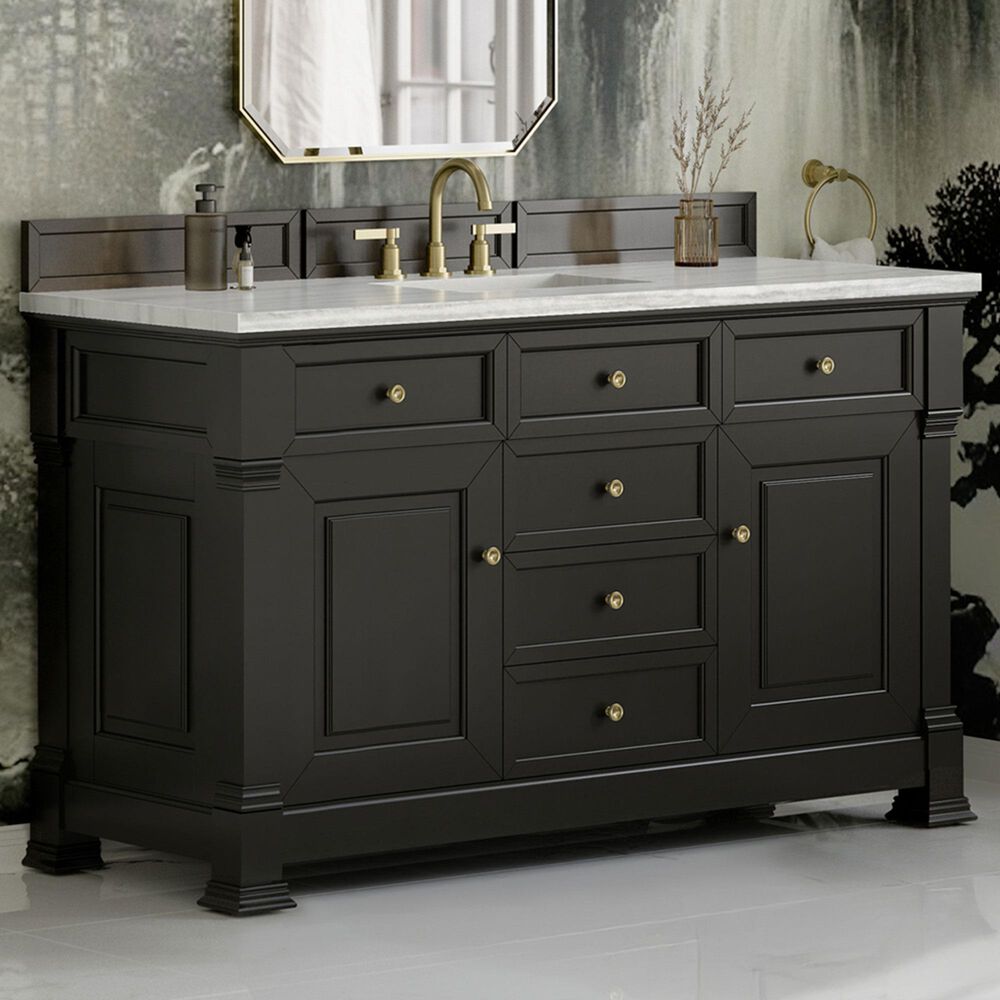 James Martin Vanities Brookfield 60&quot; Single Bathroom Vanity in Black Onyx with 3 cm Arctic Fall Solid Surface Top and Rectangular Sink, , large