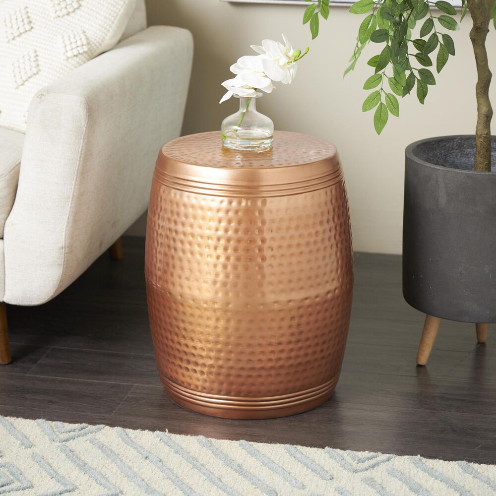 Maple and Jade Handmade Drum Accent End Table in Weathered Copper, , large