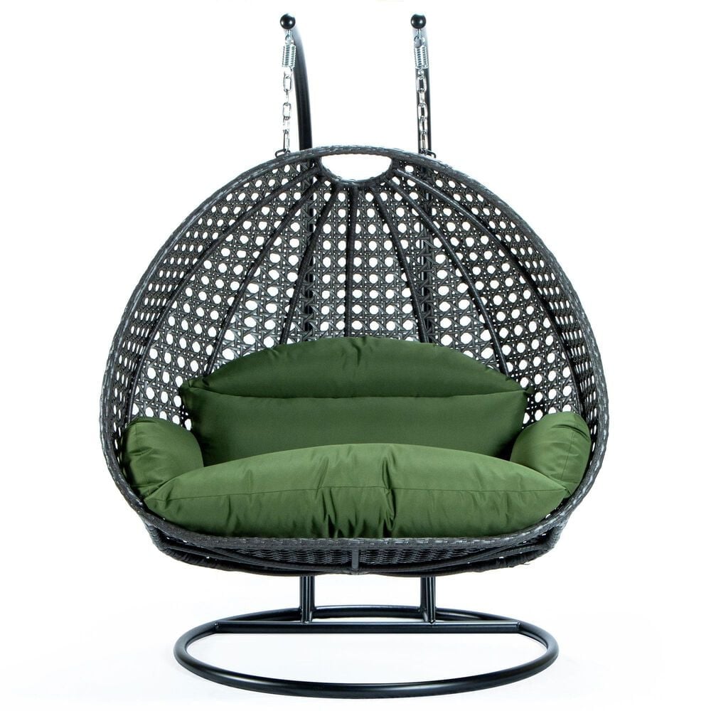 Leisuremod Patio 2-Seat Hanging Egg Swing Chair with Dark Green Cushion in Charcoal, , large
