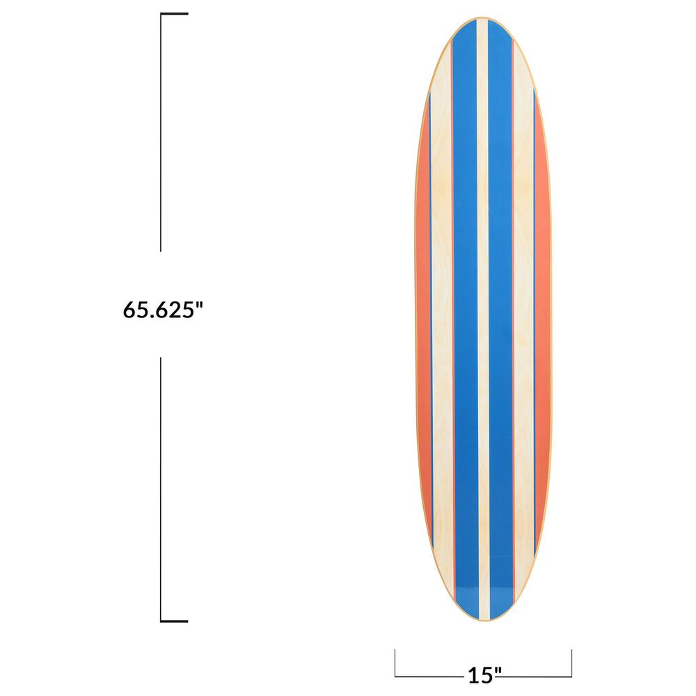 Creative Coop 65.6" x 15" Coastal Decorative Surfboard Wall Decor with Stripes Overlaid in Natural, Red and Blue, , large