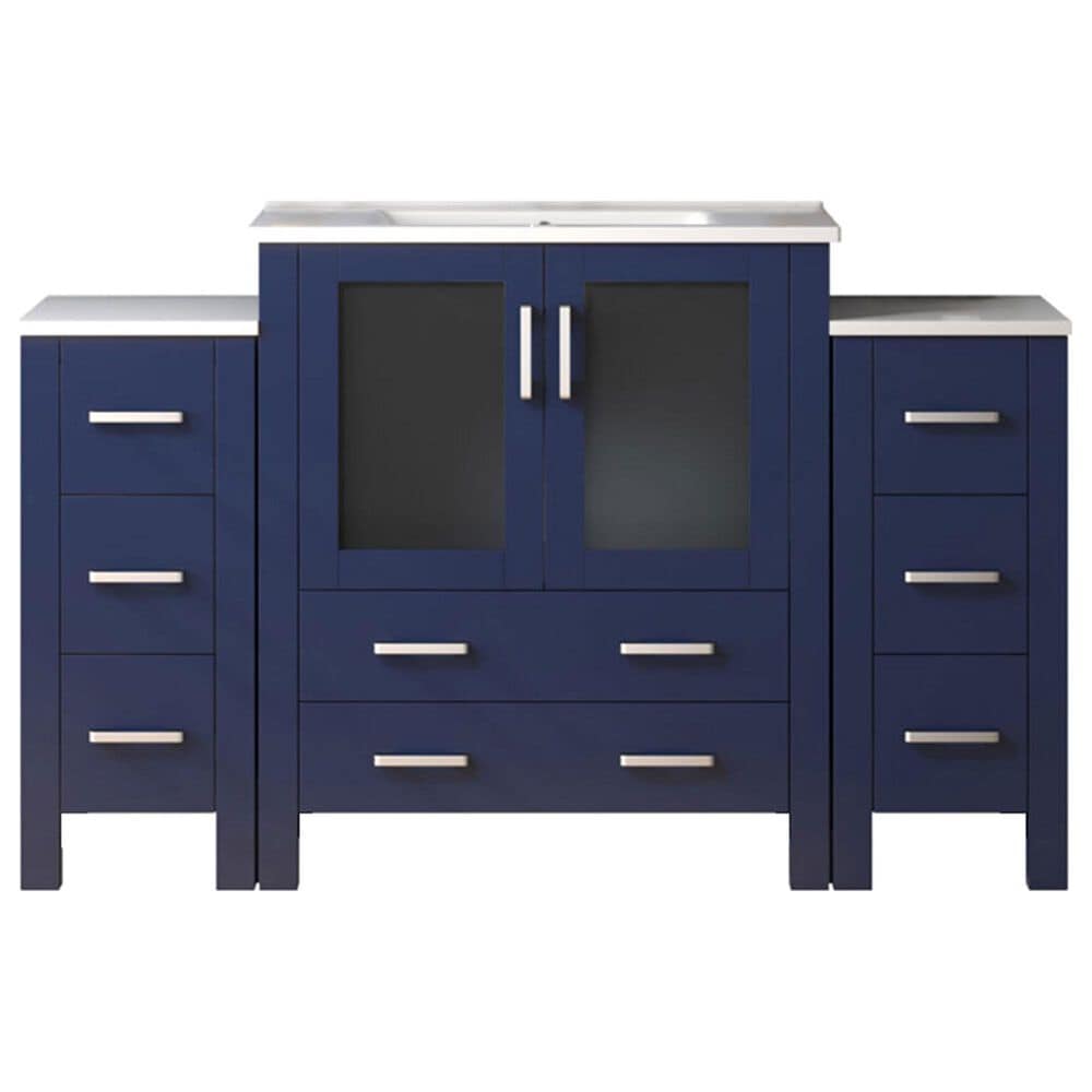 Lexora Home Volez 54&quot; Single Bathroom Vanity in Navy Blue with 2 cm White Ceramic Top, Rectangular Sink and Side Cabinets, , large