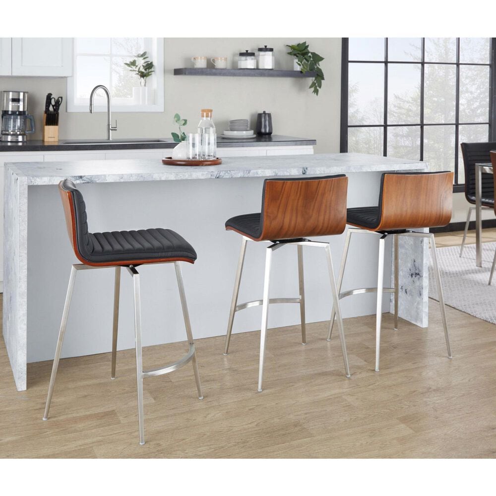 Lumisource Mason Swivel Counter Stool with Black Cushion in Stainless Steel and Walnut &#40;Set of 2&#41;, , large