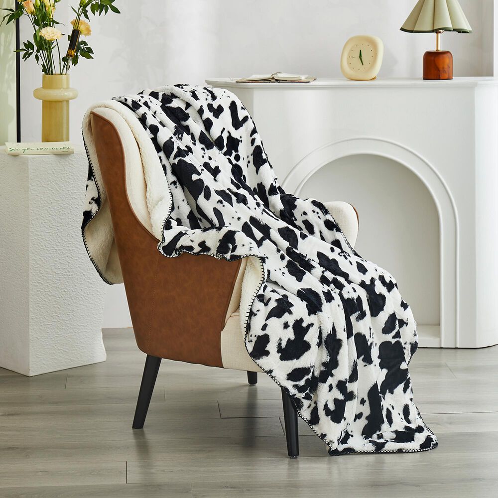 Duke Imports Cow Skin Sherpa Mink Plush Throw in Black and White, , large