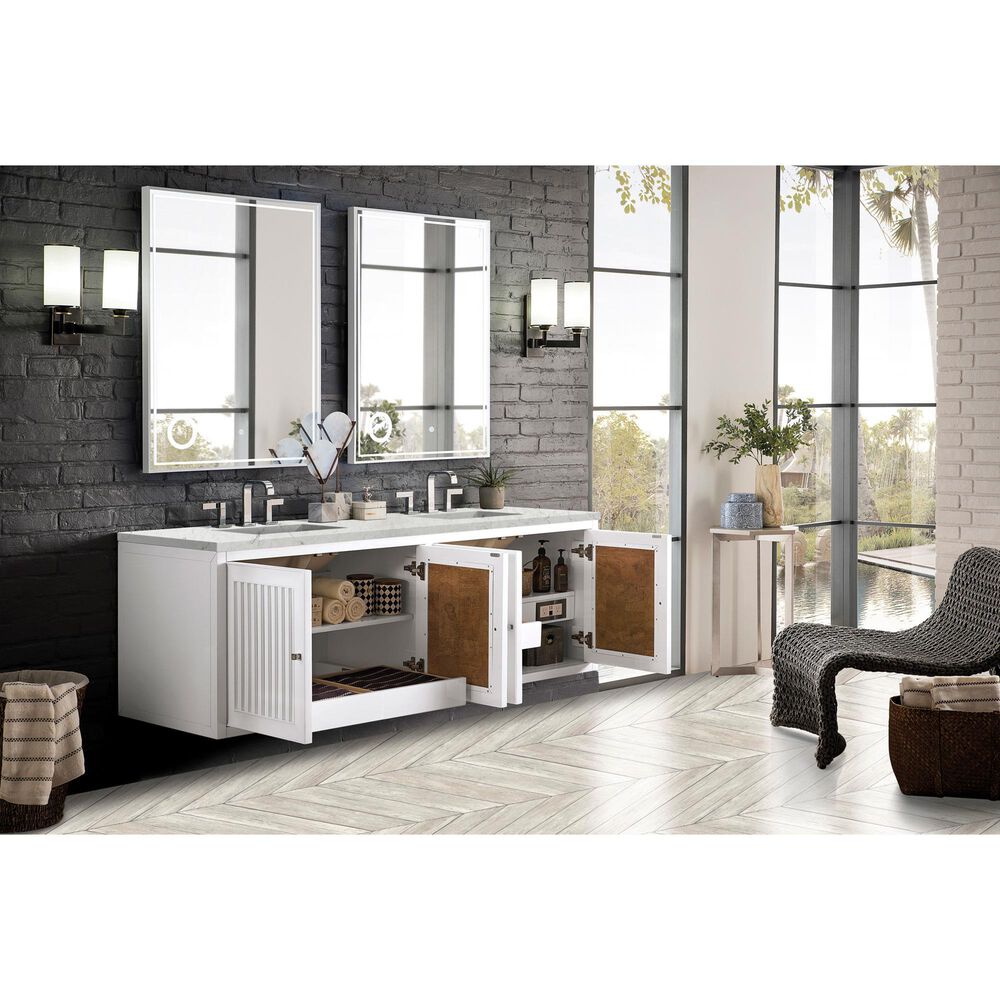 James Martin Vanities Athens 72&quot; Double Bathroom Vanity in Glossy White with 3 cm Eternal Jasmine Pearl Quartz Top and Rectangular Sinks, , large