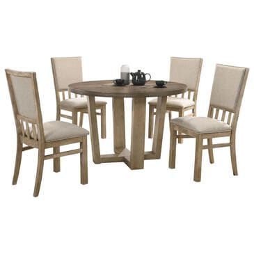 HOMLUX 5-Piece Round Dining Set with Wheat Cushion in Vintage Walnut and Natural Distressed, , large