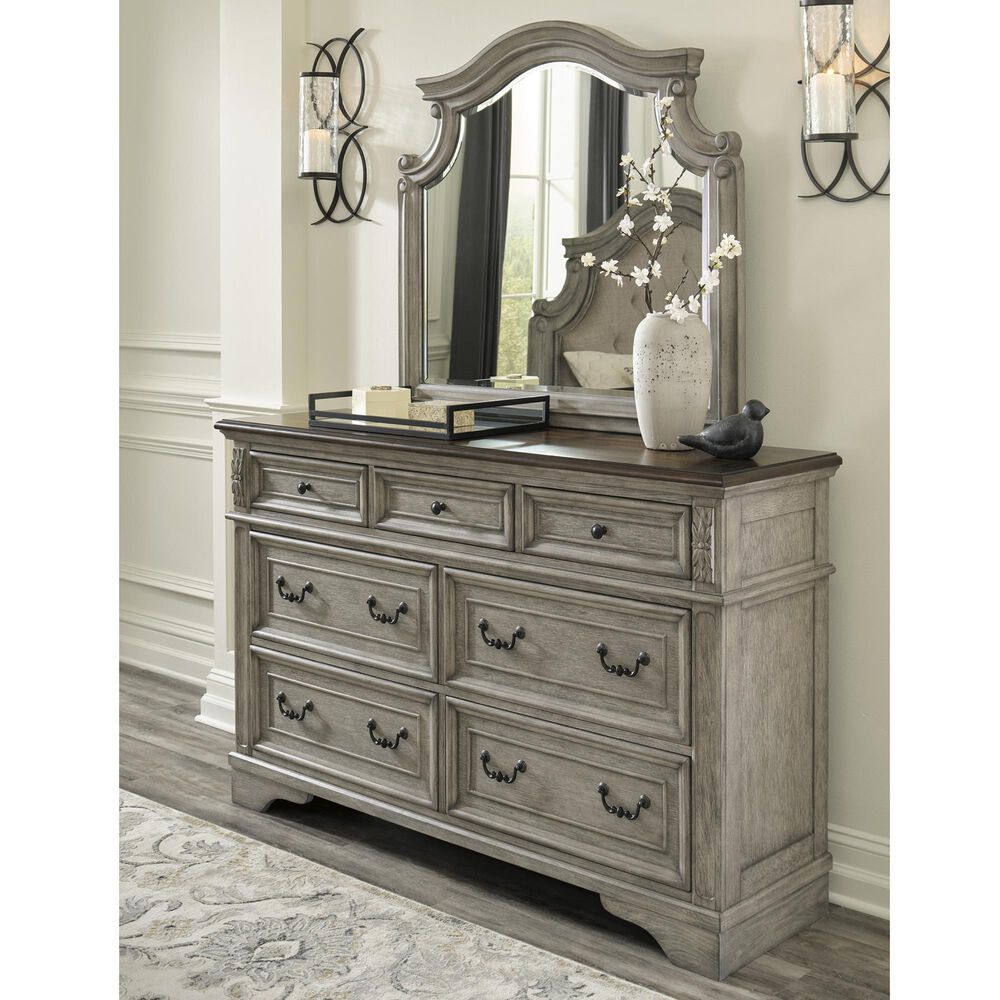 Ashley Lodenbay 7 Drawer Dresser with Mirror in Antiqued Gray and Walnut Brown, , large