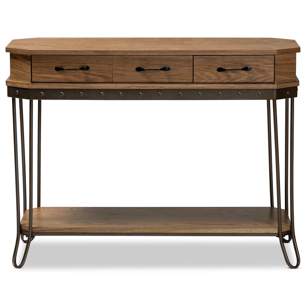 Baxton Studio Kellyn 3-Drawer Console Table in Oak Brown/Black, , large