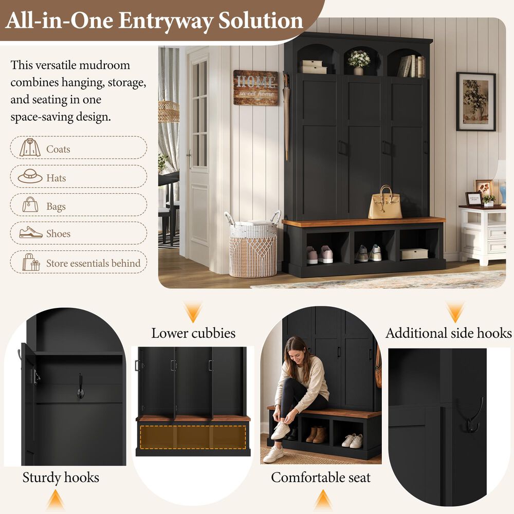HOMLUX 5-Hook Hall Tree with 3 Hidden Storage in Black and Walnut, , large