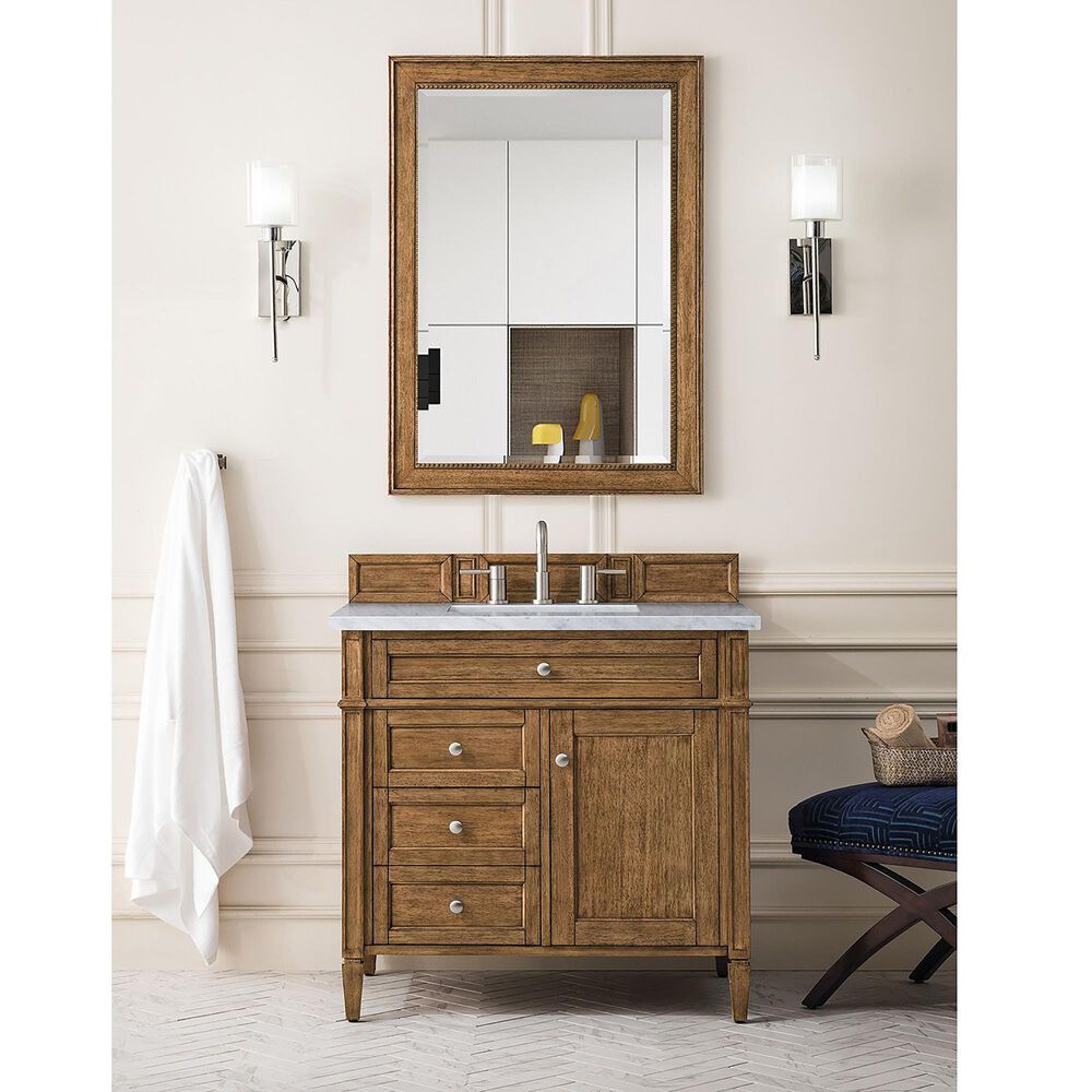 James Martin Vanities Brittany 36&quot; Single Bathroom Vanity in Saddle Brown with 3 cm Arctic Fall Solid Surface Top and Rectangular Sink, , large