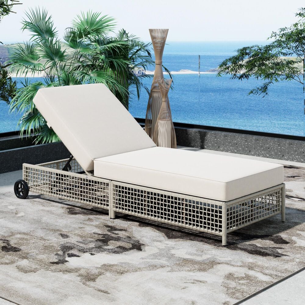 HOMLUX Patio Chaise Lounge with Creamy White Rattan in Beige, , large