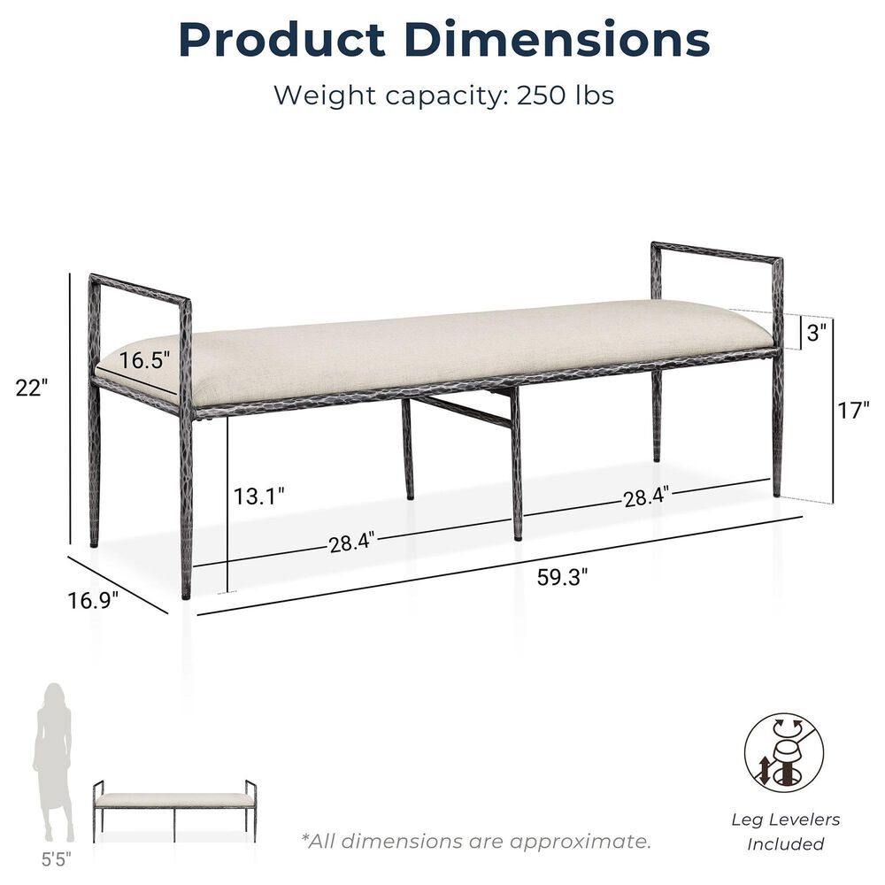 Furniture of America Lalia Metal Padded Upholstered Bench in Gun Metal, , large