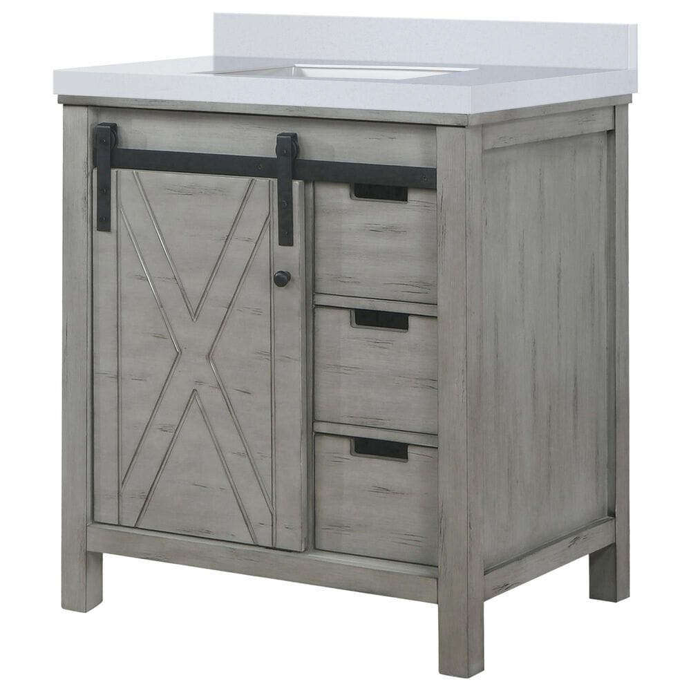 Lexora Home Marsyas 30&quot; Single Bathroom Vanity in Ash Grey with White Quartz Top and Rectangular Sink, , large