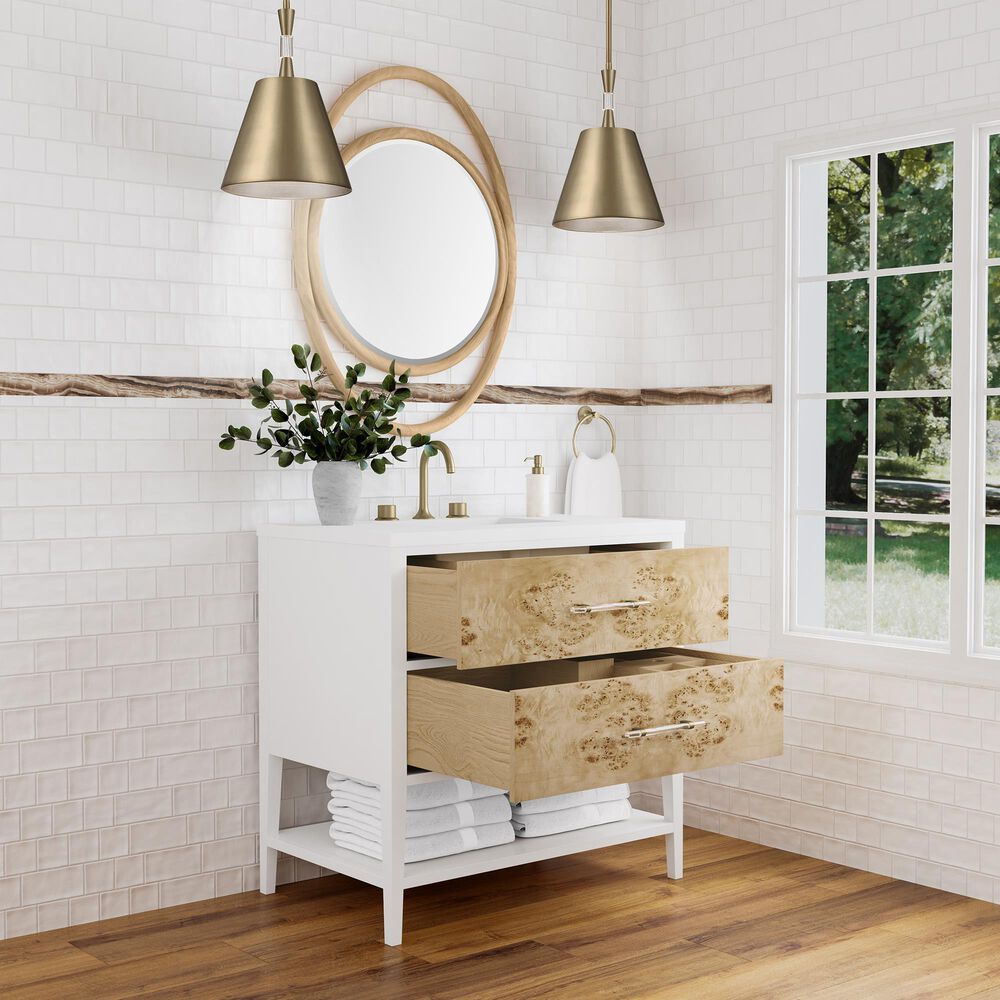 James Martin Vanities Olena 36&quot; Single Vanity in Light Mappa Burl and Polished White with 3 cm White Zeus Quartz Top, , large