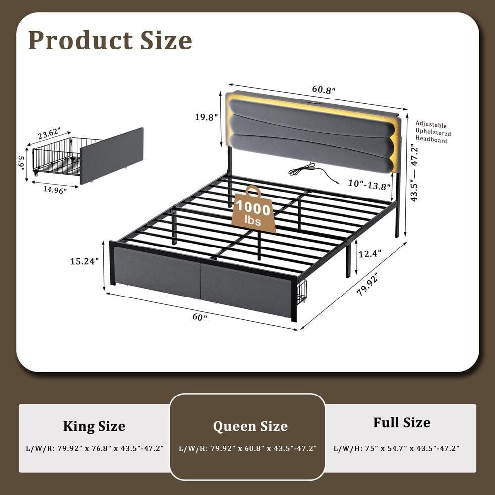 HOMLUX Queen Upholstered Platform Storage Bed Frame in Gray, , large