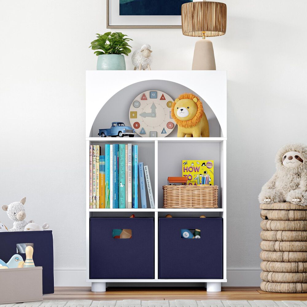 RiverRidge Home Kids Curve Appeal 23" 4-Cubby Bookcase with 2 Navy Bins in White, , large