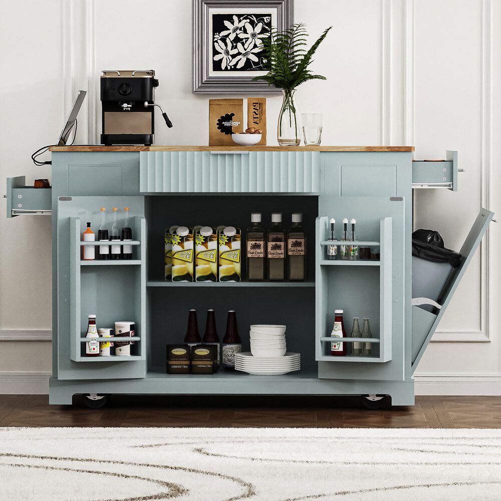 HOMLUX 47" Fluted Kitchen Island with Trash Can Storage Cabinet in Grey, Blue and Natural, , large