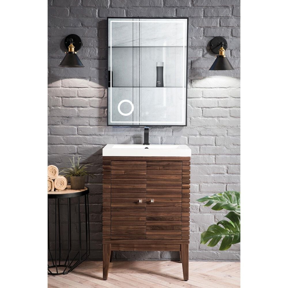 James Martin Vanities Linden 24&quot; Single Bathroom Vanity in Mid Century Walnut with 5 cm White Glossy Resin Top and Rectangular Sink, , large