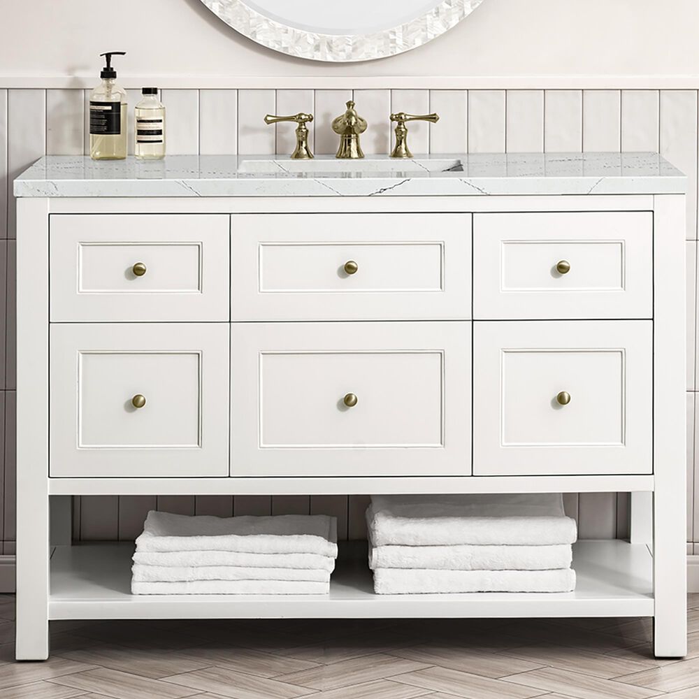 James Martin Breckenridge 48&quot; Single Bathroom Vanity in Bright White with 3 cm Carrara White Marble Top and Rectangular Sink, , large