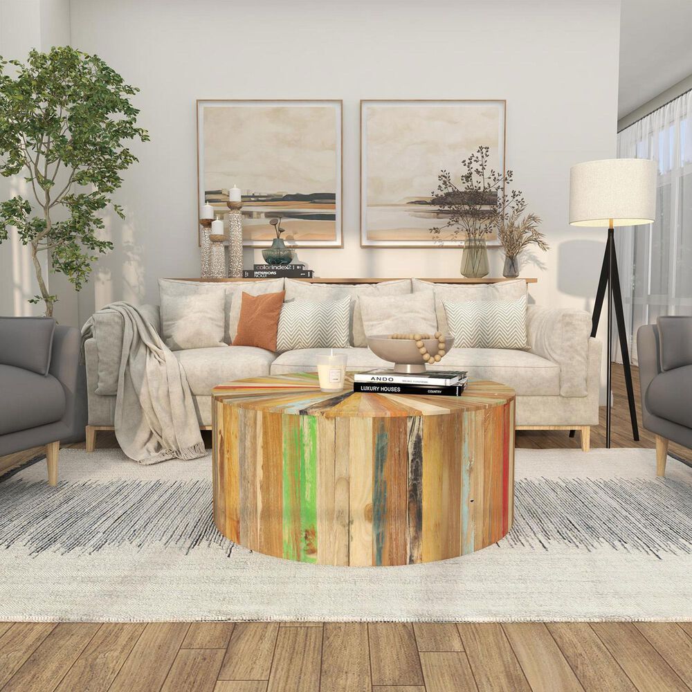 Maple and Jade Handmade Pinwheel Drum Coffee Table in Light Brown, , large