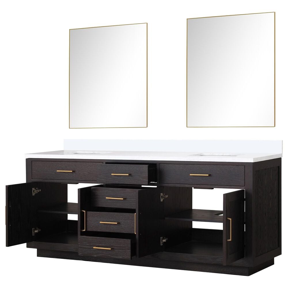 Lexora Home Abbey 80&quot; Double Bathroom Vanity in White Oak with 2 cm White Quartz Top, Rectangular Sinks and 30&quot; Mirrors, , large