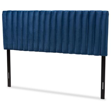 Baxton Studio Emile Queen Headboard with Navy Blue Velvet in Dark Brown, , large