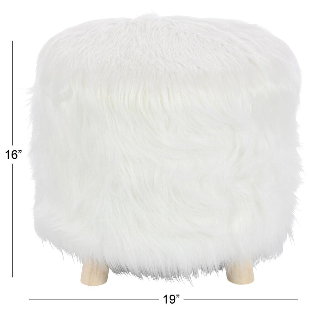 Maple and Jade Faux Fur Stool Ottoman in White, , large
