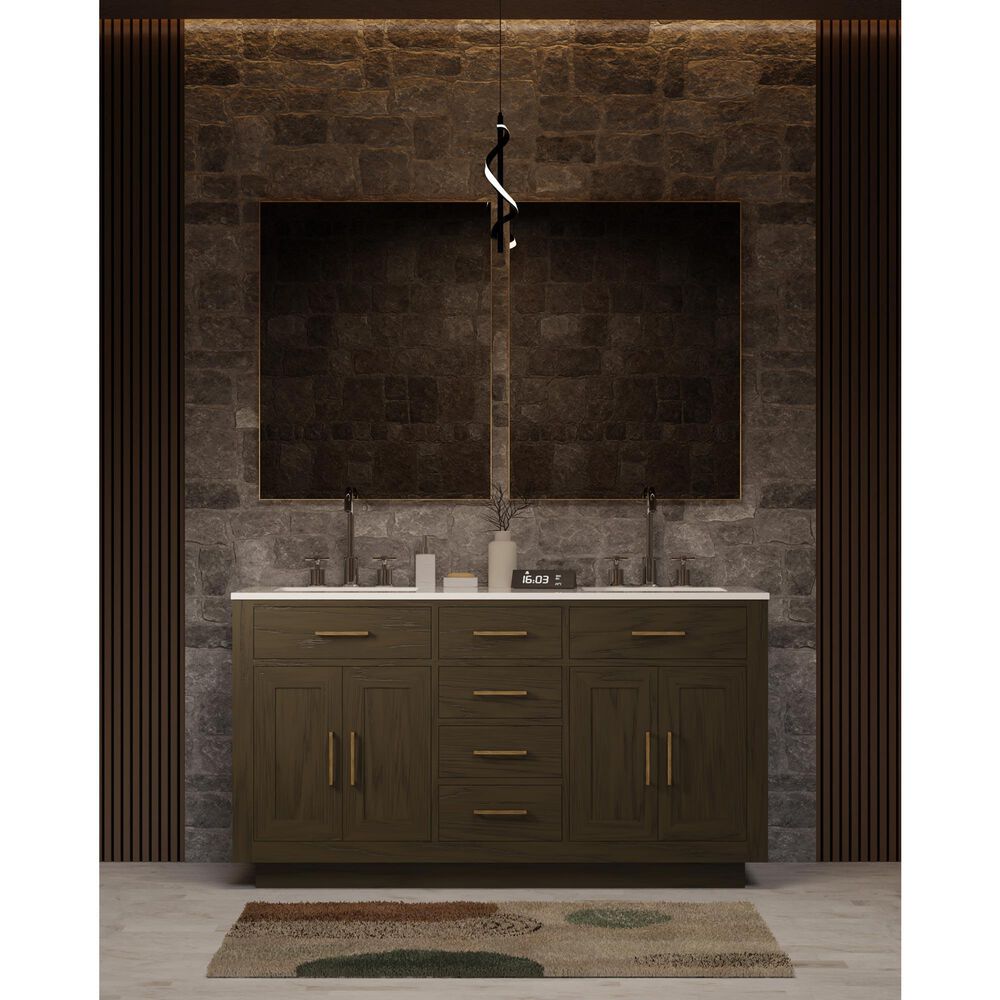 Lexora Home Abbey 60&quot; Double Bathroom Vanity in Brown Oak with 2 cm White Quartz Top and Rectangular Sinks, , large