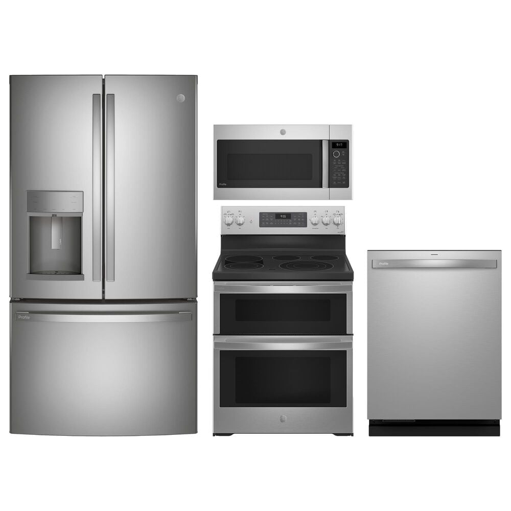 GE Profile 4pc Kitchen Package with Refrigerator, Range, Microwave, and Dishwasher in Stainless Steel, , large