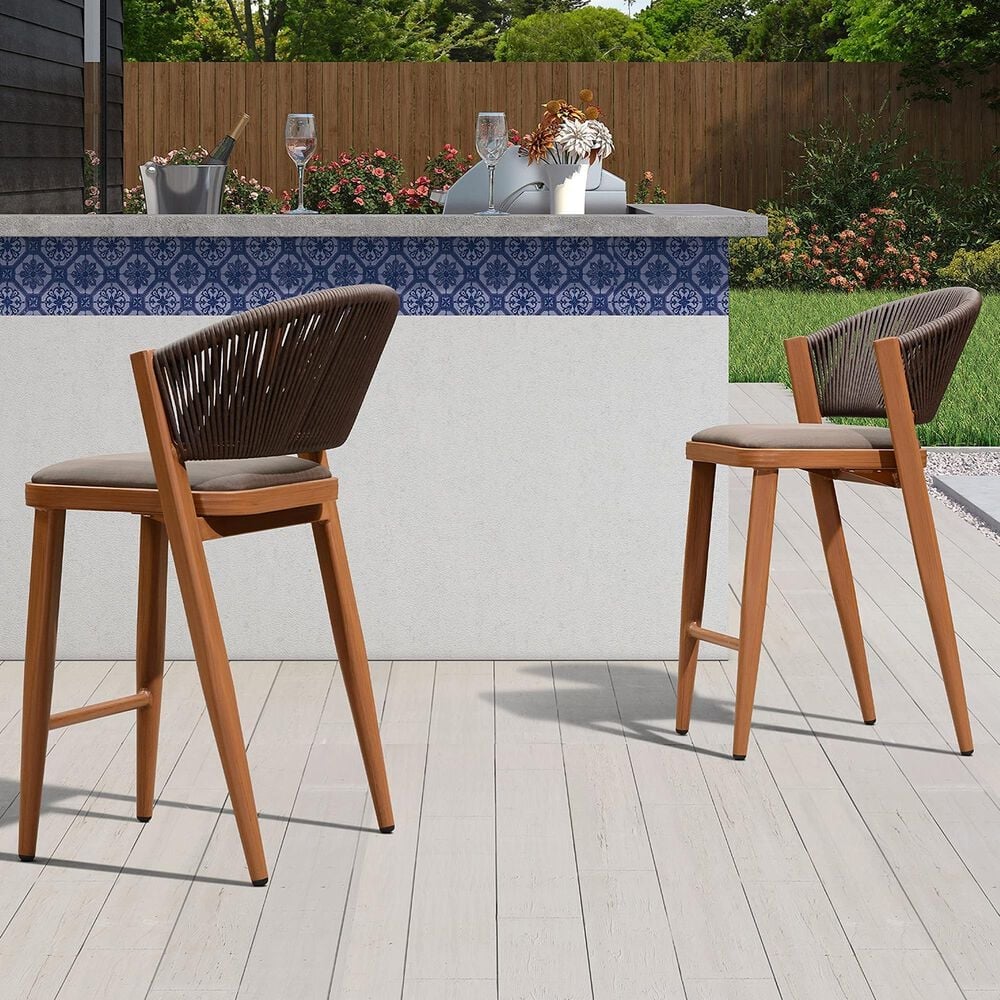 HOMLUX Outdoor Counter Stool with Open-Frame Backrest in Brown (Set of 2), , large